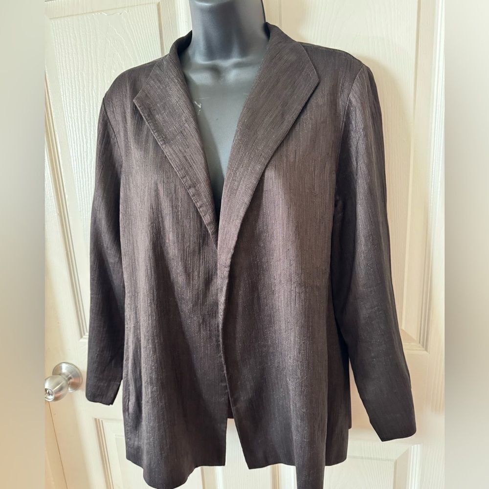 EILEEN FISHER Silk Blend Brown Metallic Open Front Crepe Blazer Jacket Sz L - Picture 4 of 12